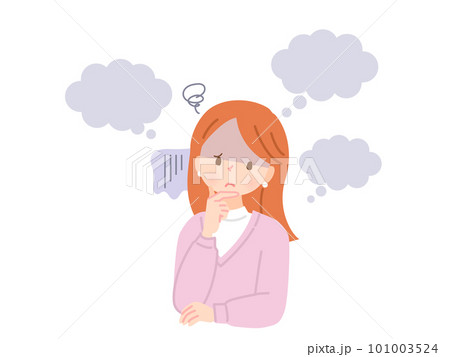 考える、困った表情の若い女性のイラスト素材 考える、困った表情の若い女性のイラスト素材 101003524