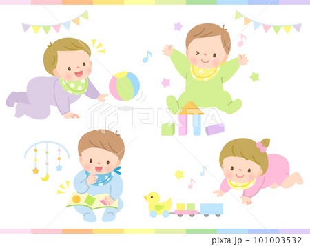 元気に遊ぶ赤ちゃんのイラストセット素材 101003532
