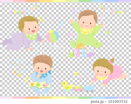 元気に遊ぶ赤ちゃんのイラストセット素材 101003532