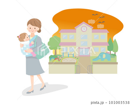 夕方赤ちゃんを保育園に迎えに行くスーツ姿のママ 101003538