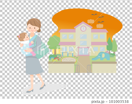 夕方赤ちゃんを保育園に迎えに行くスーツ姿のママ 101003538