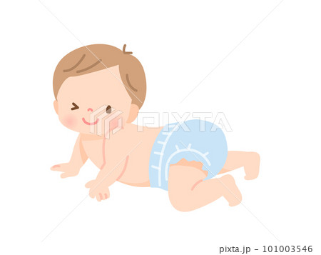 笑顔でハイハイするオムツ姿の赤ちゃんのイラスト素材 101003546
