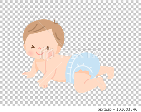 笑顔でハイハイするオムツ姿の赤ちゃんのイラスト素材 101003546