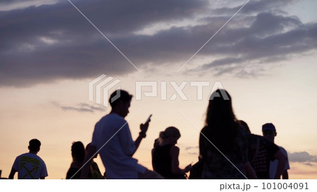 silhouettes of young people on the beach admiring the sunset silhouettes of young people on the beach admiring the sunset 101004091