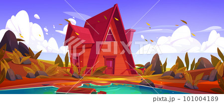 House on swamp, vector hut near pond landscape House on swamp, vector hut near pond landscape 101004189