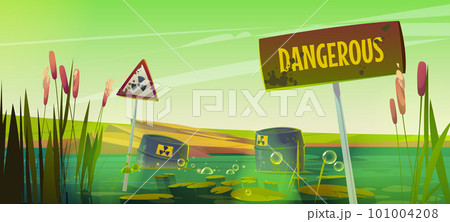 Green toxic swamp and reed, liquid waste barrels 101004208