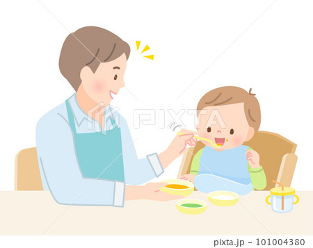赤ちゃんに離乳食を食べさせるパパ 101004380