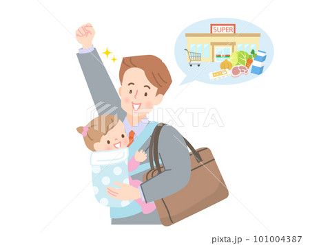 仕事帰りにスーパーに買い物に行く赤ちゃんとパパ 仕事帰りにスーパーに買い物に行く赤ちゃんとパパ 101004387