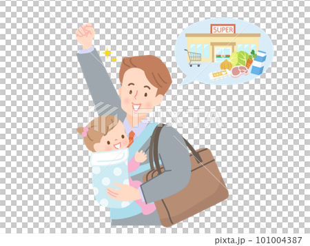 仕事帰りにスーパーに買い物に行く赤ちゃんとパパ 仕事帰りにスーパーに買い物に行く赤ちゃんとパパ 101004387