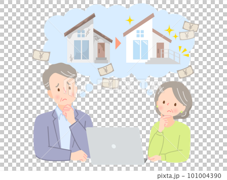 家のリフォームを考えるシニア夫婦のイラスト素材 101004390