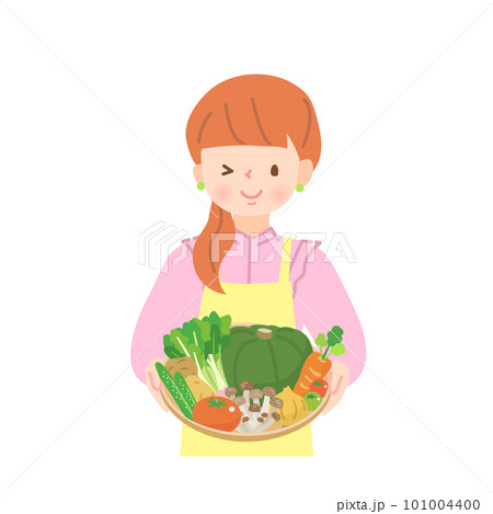 籠に入った野菜を持った若い女性 101004400