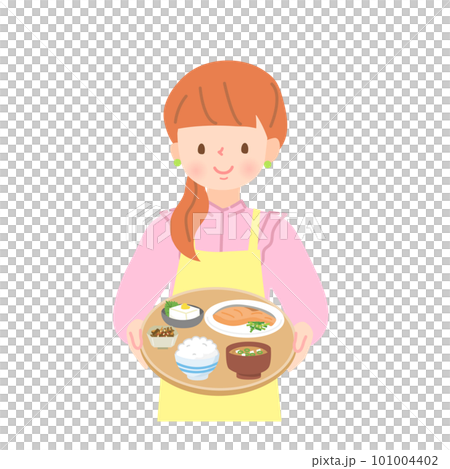 A young woman in an apron carrying a meal A young woman in an apron carrying a meal 101004402