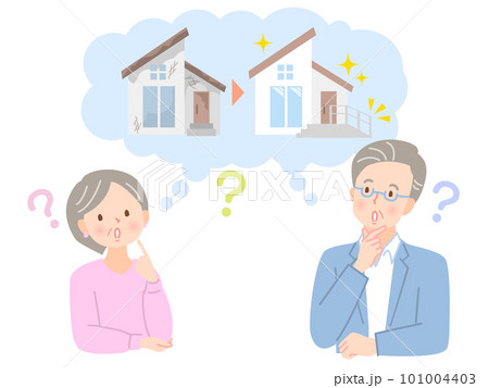 家のリフォームを考えるシニア夫婦のイラスト素材 101004403
