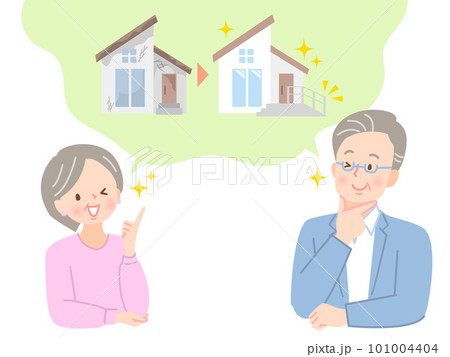 家のリフォームを考えるシニア夫婦のイラスト素材 101004404