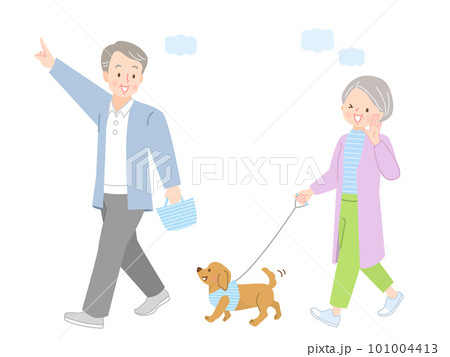 犬の散歩をするシニア夫婦のイラスト 犬の散歩をするシニア夫婦のイラスト 101004413