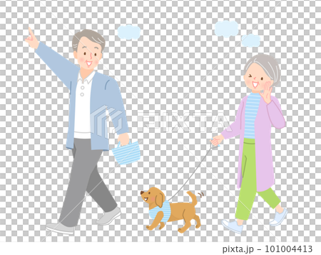 一對老年夫婦遛狗的插圖 101004413