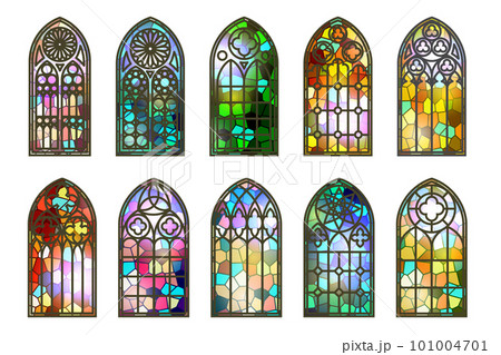 Gothic stained glass windows. Church medieval arches. Catholic cathedral mosaic frames. Old architecture design. Vector set Gothic stained glass windows. Church medieval arches. Catholic cathedral mosaic frames. Old architecture design. Vector set 101004701