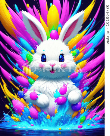 White Easter bunny against abstract background of colorful splash and colorful eggs. Generative AI White Easter bunny against abstract background of colorful splash and colorful eggs. Generative AI 101004730