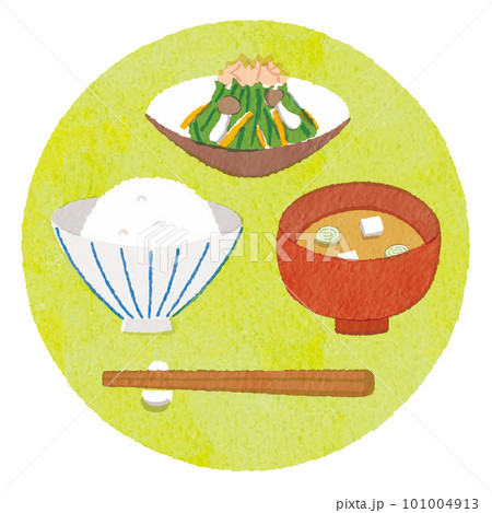 シンプルなご飯とお味噌汁とおかずのイラスト 101004913