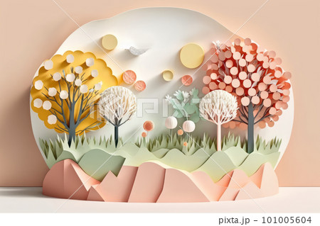 Spring season nature plant and birds on white background in pastel color and paper craft style. 101005604