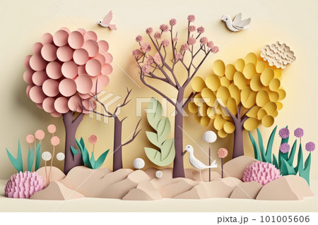 Spring season nature plant and birds on white background in pastel color and paper craft style. 101005606