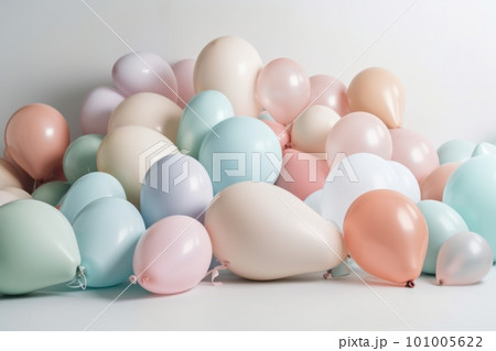 Pastel colorful balloons in white room background. Party and celebration. 101005622
