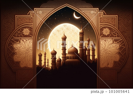 Arabic architecture, mosque, pattern and background. Ramadan Kareem Eid Mubarak Islamic holiday illustrations paper craft style. 101005641