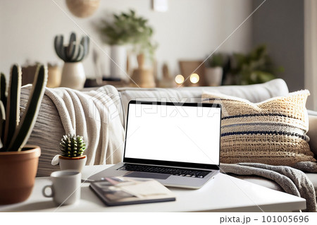 Mock up of blank screen laptop computer on desk in modern living room, Still life workplace at home technology indoors lifestyle, home interior, Generative AI 101005696