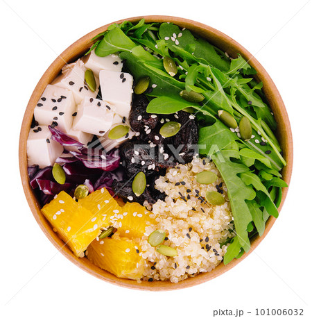 Healthy buddha bowl with quinoa, arugula, feta cheese and fruit Healthy buddha bowl with quinoa, arugula, feta cheese and fruit 101006032