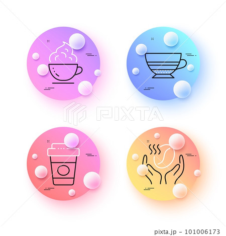 Mocha, Coffee cup and Takeaway coffee minimal line icons. 3d spheres or balls buttons. For web, application, printing. Whipped cream, Latte drink, Roasted bean. Mocha line icon banner. Vector 101006173