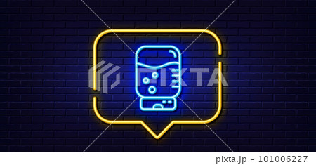 Neon light speech bubble. Water cooler bottle line icon. Still aqua drink sign. Liquid symbol. Neon light background. Water cooler glow line. Brick wall banner. Vector 101006227