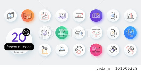 Simple set of Online shopping, Search car and Star line icons. Include Packing boxes, Card, Presentation time icons. Magistrates court, Online video, Money currency web elements. Vector 101006228