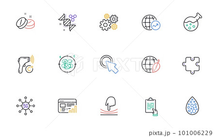 Puzzle, Chemistry dna and Cogwheel line icons for website, printing. Collection of Stress, World statistics, Medical tablet icons. Click here, 5g technology, Clipboard web elements. Vector 101006229