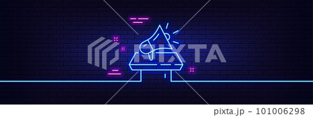 Neon light glow effect. Megaphone line icon. Advertisement device symbol. Brand ambassador loudspeaker sign. 3d line neon glow icon. Brick wall banner. Megaphone outline. Vector 101006298
