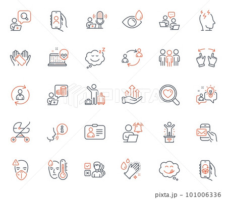 People icons set. Included icon as User notification, Winner podium and Airport transfer web elements. Medical mask, Budget accounting, Id card icons. Opinion, Move gesture, Sleep web signs. Vector 101006336
