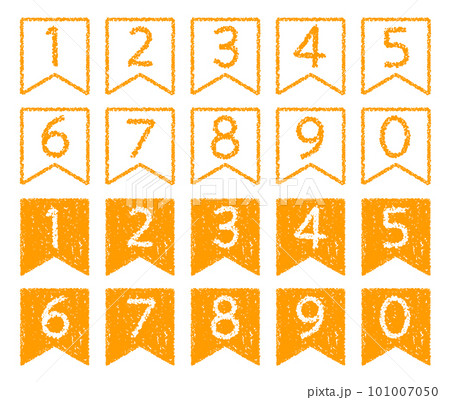 手描きのクレヨン素材　リボン型の数字アイコンセット 101007050