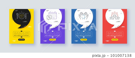 Set of Romantic dinner, Wash hands and Discounts calendar line icons. Poster offer frame with quote, comma. Include Business meeting icons. For web, application. Vector Set of Romantic dinner, Wash hands and Discounts calendar line icons. Poster offer frame with quote, comma. Include Business meeting icons. For web, application. Vector 101007138
