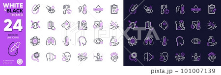 Electronic thermometer, Checklist and Coronavirus line icons for website, printing. Collection of Healthy face, Eye drops, Lungs icons. World vaccination, Hand sanitizer. Bicolor outline icon. Vector 101007139