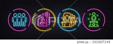 Women headhunting, Friendship and Interview documents minimal line icons. Neon laser 3d lights. Success icons. For web, application, printing. Women teamwork, Trust friends, Cv attachment. Vector 101007149
