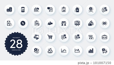 Set of Finance icons, such as Decreasing graph, Market sale and Candlestick graph flat icons. Discount tags, Binary code, Hot sale web elements. Checklist, Currency exchange, Card signs. Vector 101007150