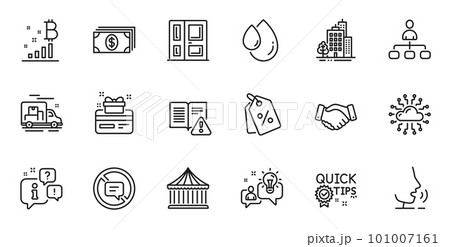 Outline set of Bitcoin graph, Management and Discount tags line icons for web application. Talk, information, delivery truck outline icon. Vector 101007161