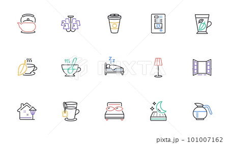 Coffeepot, Tea and Mint leaves line icons for website, printing. Collection of Coffee vending, Mattress, Open door icons. Floor lamp, Chandelier, Takeaway coffee web elements. Pillows. Vector 101007162