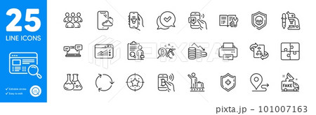 Outline icons set. Bitcoin pay, Star target and Chemistry lab icons. Group, Approved, Microscope web elements. Luggage belt, Printer, Puzzle signs. 24h service, Recycling, Money loss. Vector 101007163