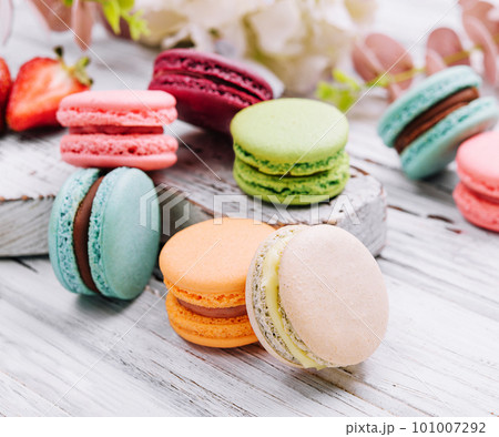 French macaroons. coffee, chocolate, vanilla and raspberry macaroons French macaroons. coffee, chocolate, vanilla and raspberry macaroons 101007292