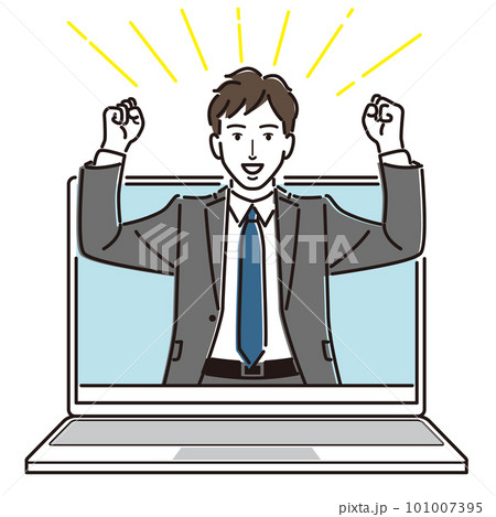 パソコンから飛び出すビジネスマン ガッツポーズ パソコンから飛び出すビジネスマン ガッツポーズ 101007395