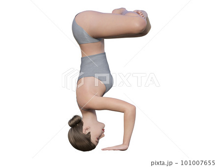 両手と頭の3点で立つ三点倒立のヨガのポーズをする女性を横から見た 