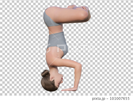 3D illustration of a woman doing a headstand yoga pose with her hands and head on the ground, seen from the side 3D illustration of a woman doing a headstand yoga pose with her hands and head on the ground, seen from the side 101007655