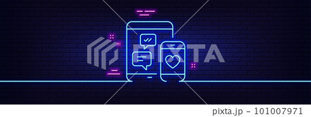 Neon light glow effect. Social media messages line icon. Mobile devices sign. Smartphone Love message symbol. 3d line neon glow icon. Brick wall banner. Social media outline. Vector 101007971
