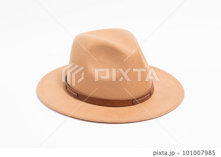 Stilish brown safari style hat with strap for women, isolated white background 101007985