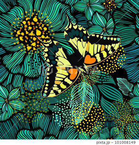 Hand drawn seamless pattern. Turquoise graphic flowers with yellow butterfly. Vector illustration 101008149
